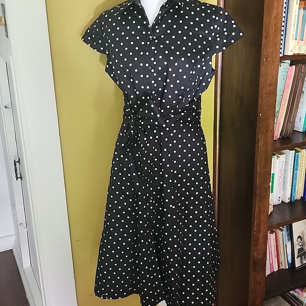 Womens aline short sleeve black and white polka dot dress